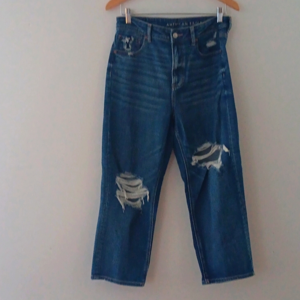 American Eagle Outfitters Women's Straight Leg Distressed Blue Jeans